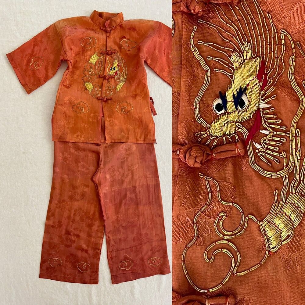 Vintage Children’s Orange Gradient Jacquard Satin Girls’ Tang Suit Size 3T/4T